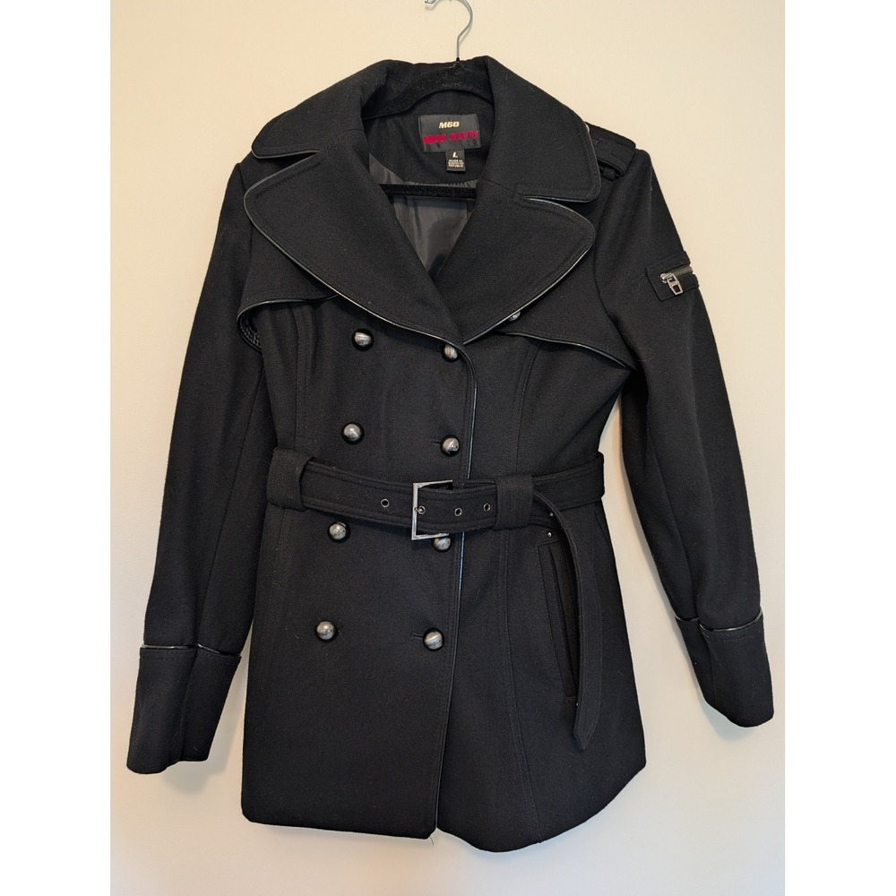 Y2K Miss Sixty M60 Wool Blend Belted Trench Pea Coat Jacket Black Womens Large